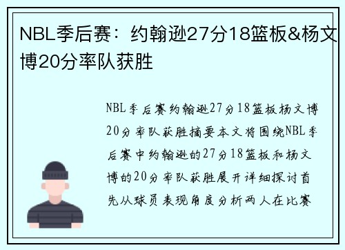 NBL季后赛：约翰逊27分18篮板&杨文博20分率队获胜